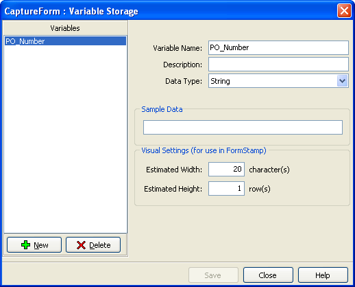 The variable storage dialog. The variable name has been set to P O underscore number, and the data type has been set to string. The width is 20 and the height is one row.